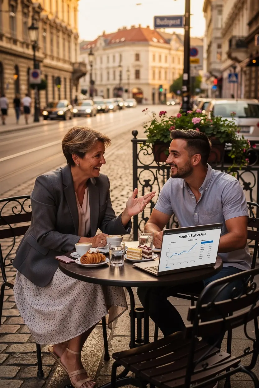 Családi költségvetés tervezése a család pénzügyi biztonsága érdekében, színes grafikonokkal.